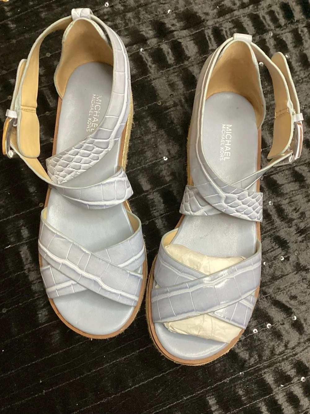 NWOT Michael Kors Abbott Pale Blue Croc-Embossed Platform Sandals 7.5